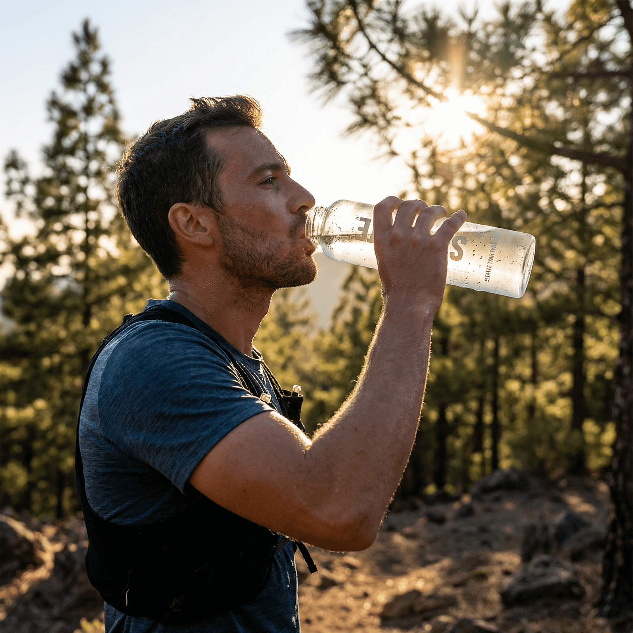 Hiker drinking Saltivate at golden hour