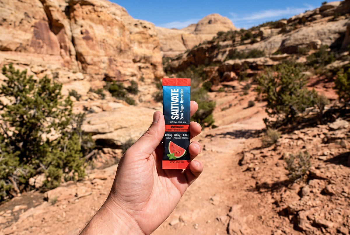 Hand holding a Saltivate Watermelon stick pack on a red-rock canyon trail