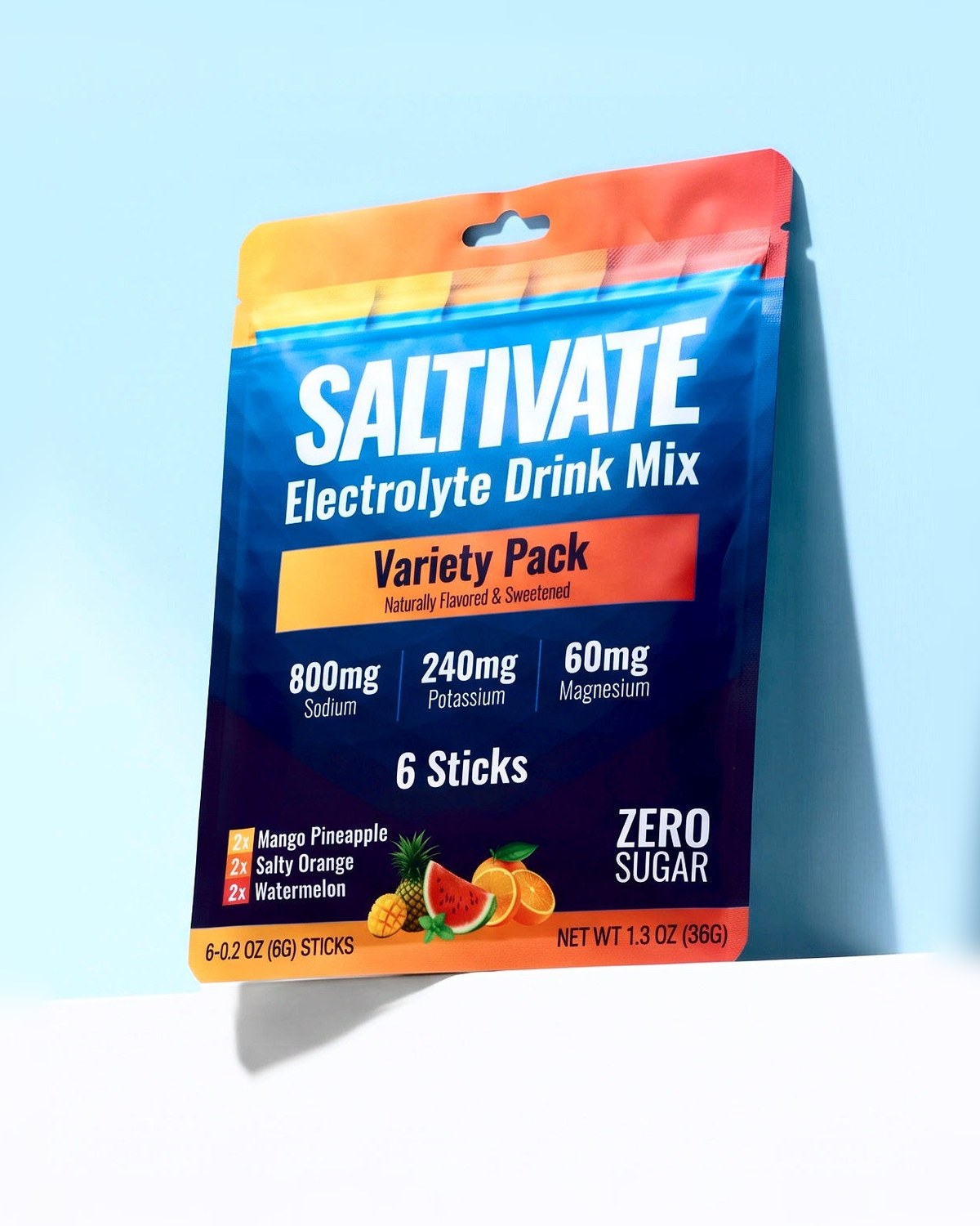 Saltivate Variety Pack 6-stick sampler pouch on a white ledge against a pale sky blue backdrop