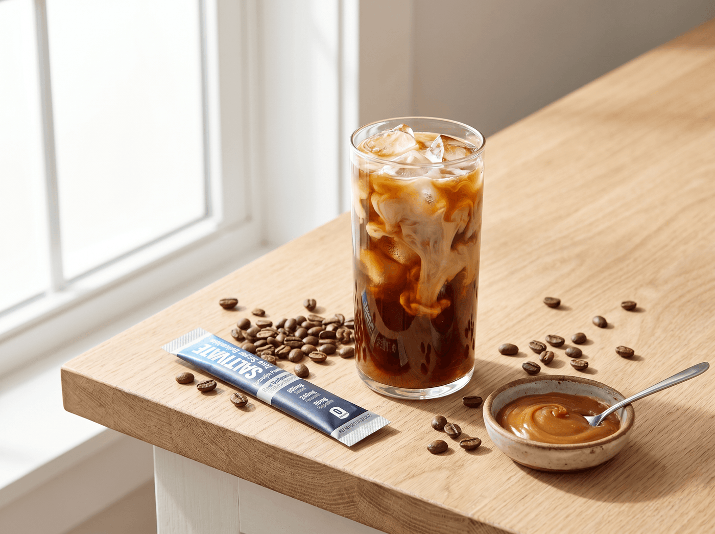 Iced salted caramel cold brew with a cream swirl and a Saltivate stick packet among coffee beans