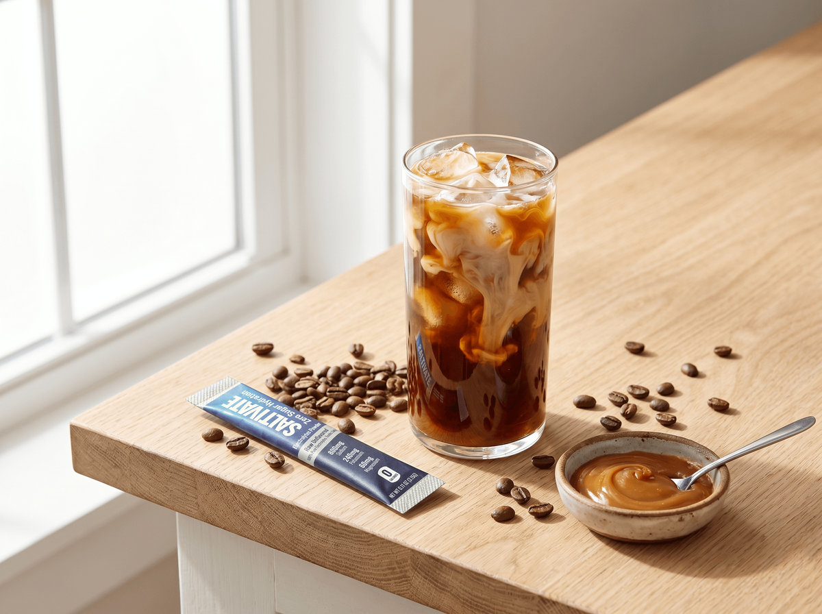 Iced salted caramel cold brew with a cream swirl and a Saltivate stick packet among coffee beans