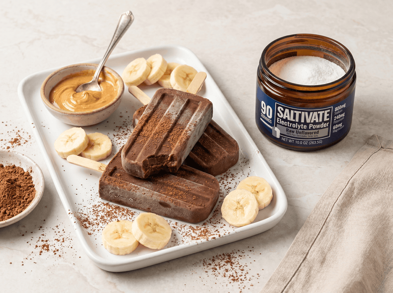 Chocolate peanut butter banana popsicles with a jar of Saltivate Raw Unflavored