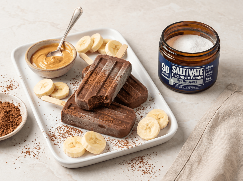 Chocolate peanut butter banana popsicles with a jar of Saltivate Raw Unflavored