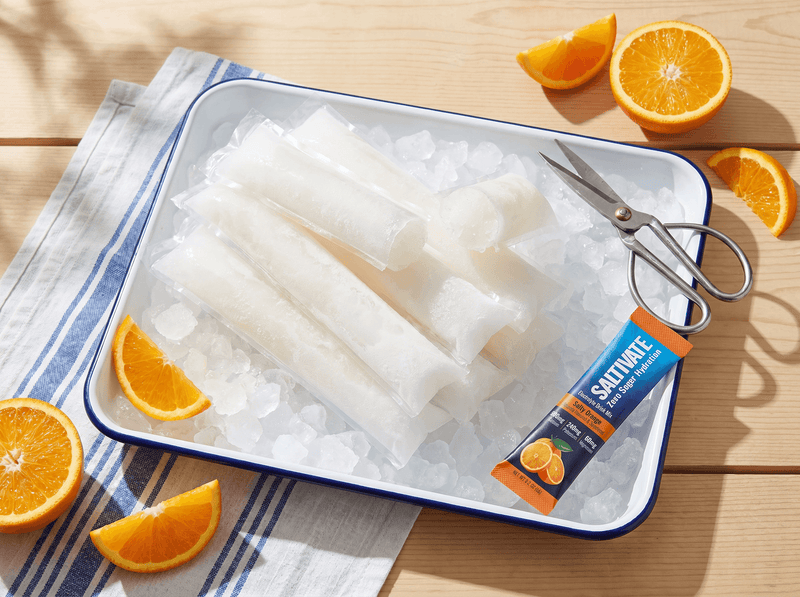 Homemade electrolyte freezer pops on crushed ice with a Saltivate Orange stick packet