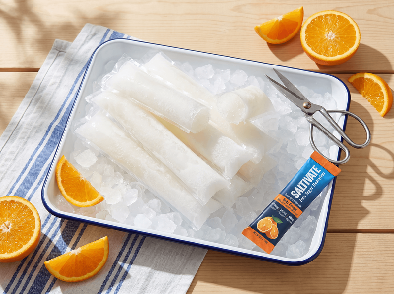 Homemade electrolyte freezer pops on crushed ice with a Saltivate Orange stick packet