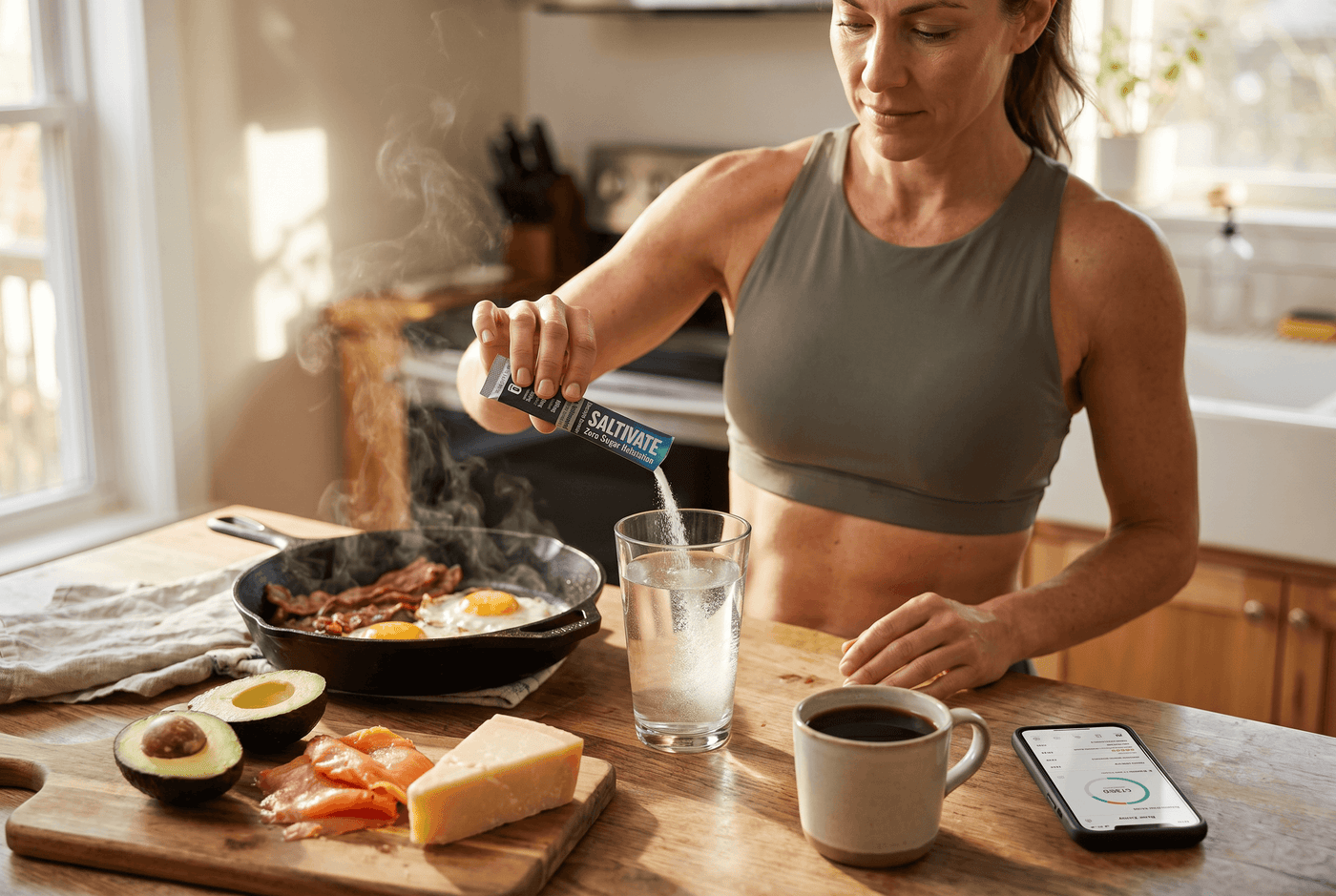 Woman mixing Saltivate electrolytes beside a keto breakfast