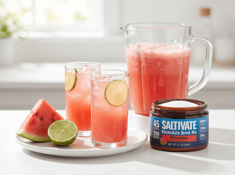 Two glasses of watermelon agua fresca with a pitcher and a jar of Saltivate Watermelon