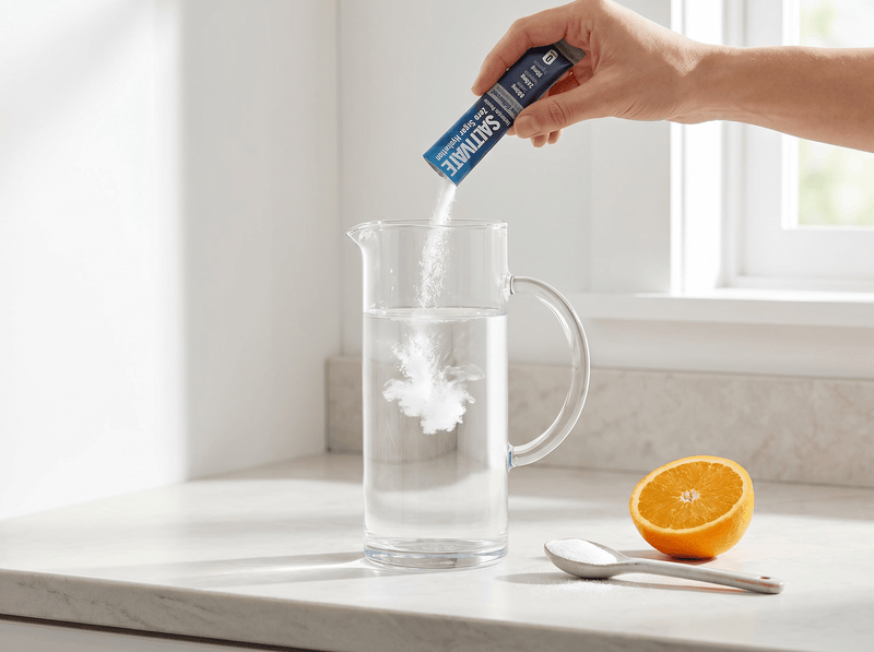 A pitcher of clear homemade rehydration drink made with Saltivate Unflavored, with a spoon of sugar and a halved orange alongside
