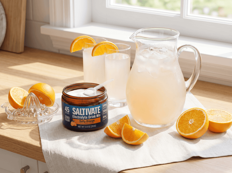 Pitcher of homemade citrus sports drink with oranges and a jar of Saltivate Orange