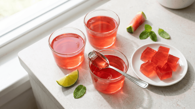 Glass cups of watermelon-red electrolyte jello with a spoon lifting one bite