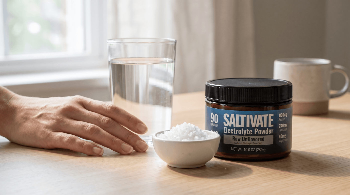 Glass of water, a small bowl of coarse sea salt, and a jar of Saltivate Raw Unflavored electrolyte powder on a kitchen table