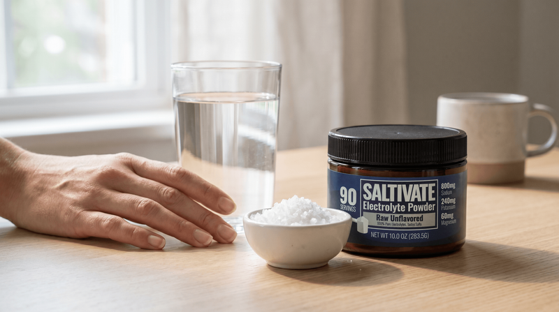 Glass of water, a small bowl of coarse sea salt, and a jar of Saltivate Raw Unflavored electrolyte powder on a kitchen table
