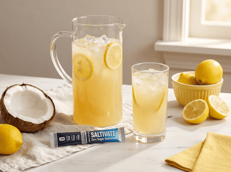 Pitcher of lemon labor-aid drink with lemons, fresh coconut, and a Saltivate stick packet