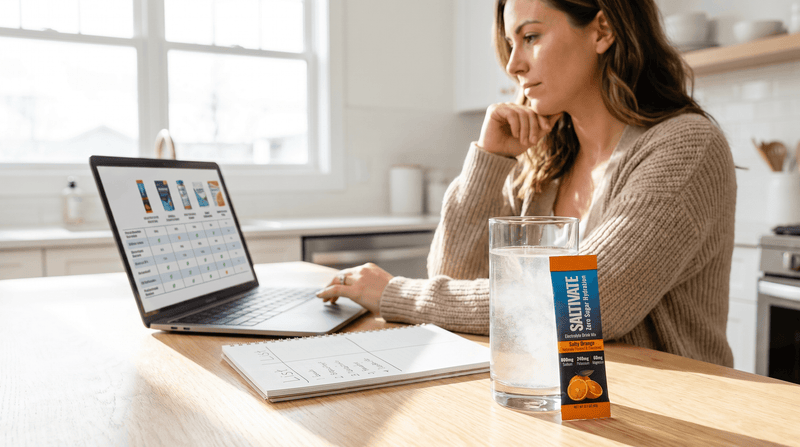 Woman comparing electrolyte powders on a laptop at a kitchen table, with a Saltivate Salty Orange stick packet beside a glass of water