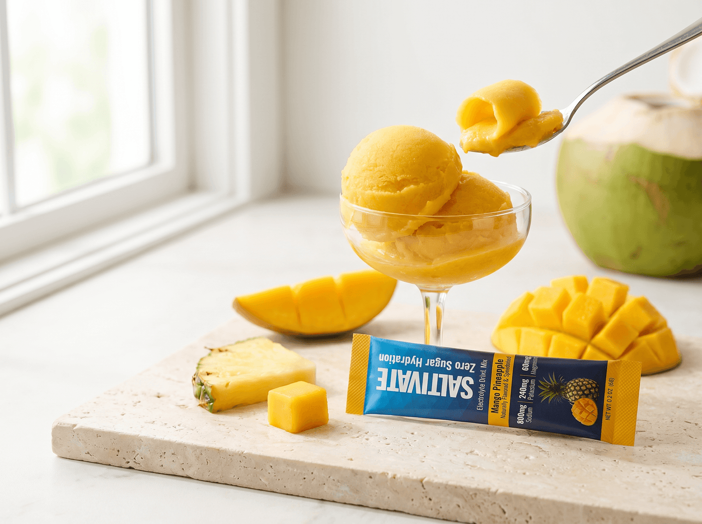 Mango coconut sorbet in a glass coupe with a Saltivate Mango Pineapple stick packet
