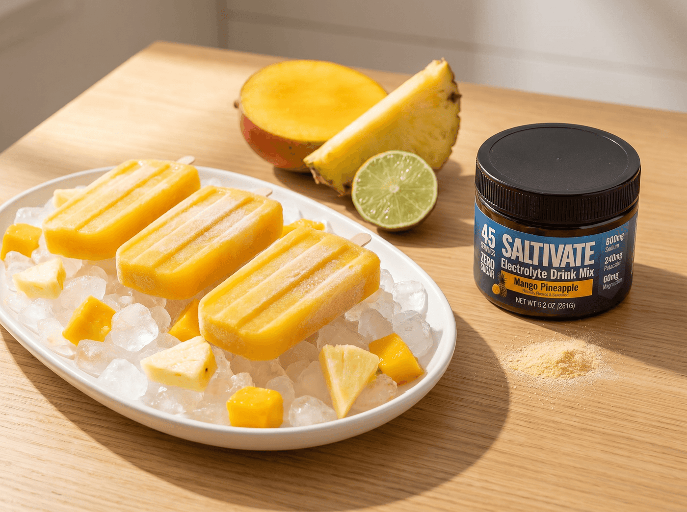 Mango pineapple paletas on crushed ice with a jar of Saltivate Mango Pineapple