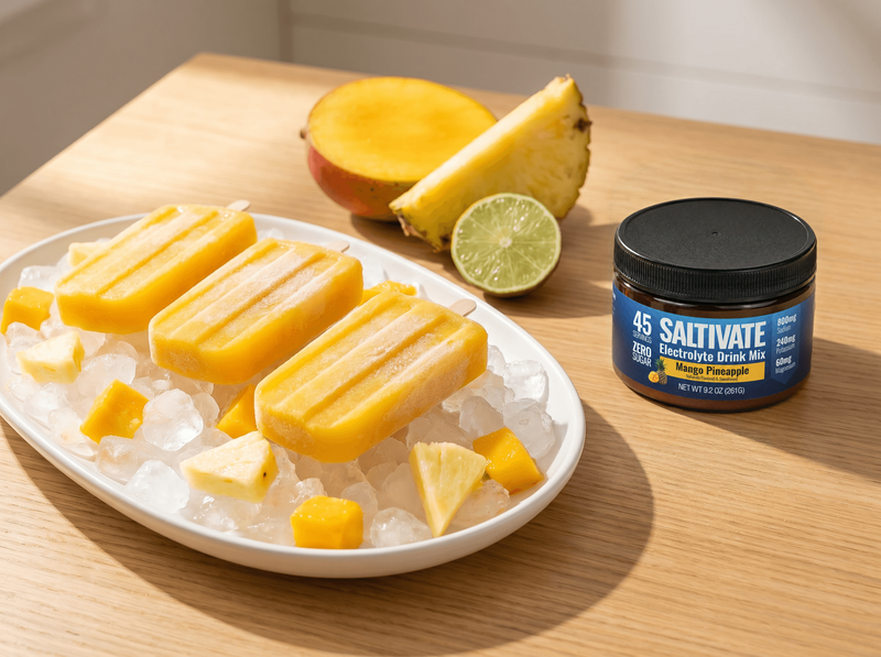 Mango pineapple paletas on crushed ice with a jar of Saltivate Mango Pineapple