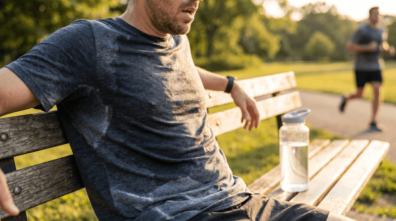 Runner resting on a park bench after a hot summer run, shirt soaked with sweat, next to a clear bottle of electrolyte water