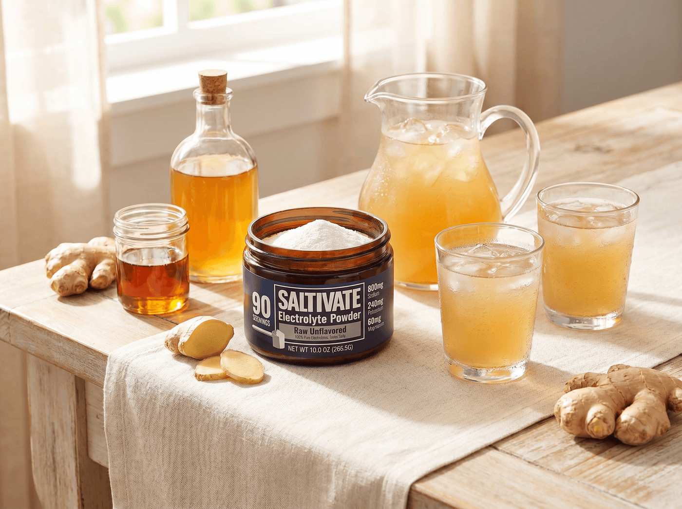 Pitcher of salted ginger switchel with fresh ginger and a jar of Saltivate Raw Unflavored