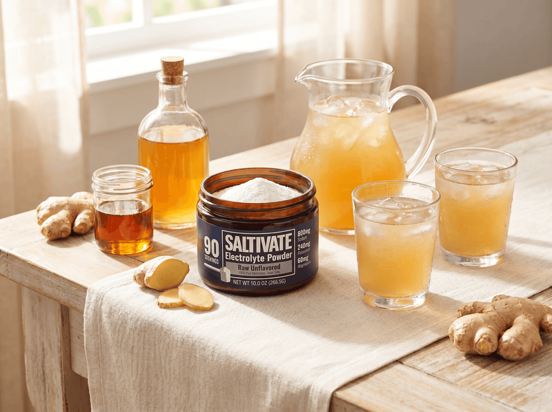 Pitcher of salted ginger switchel with fresh ginger and a jar of Saltivate Raw Unflavored