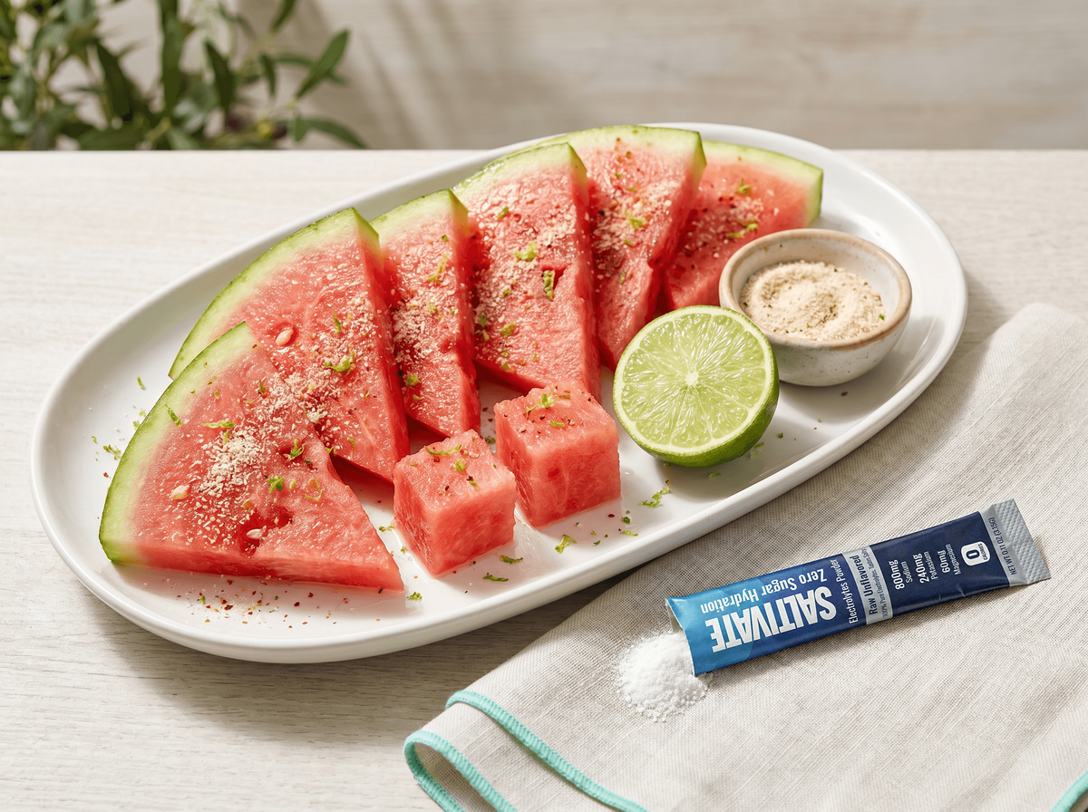 Salted watermelon wedges with chili-lime seasoning and a torn Saltivate stick packet