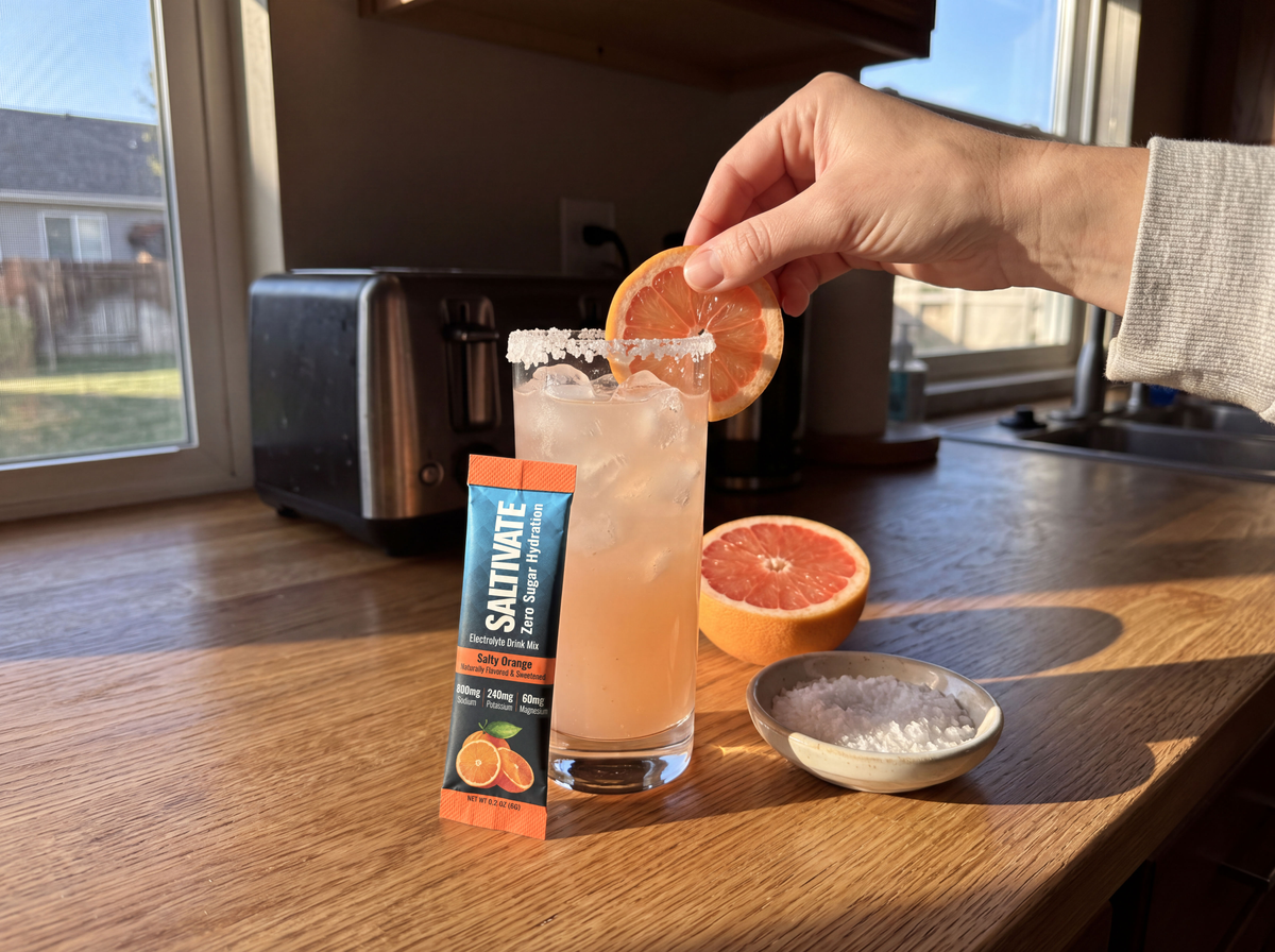 Salty dog cocktail with a white Saltivate electrolyte rim and pink grapefruit juice