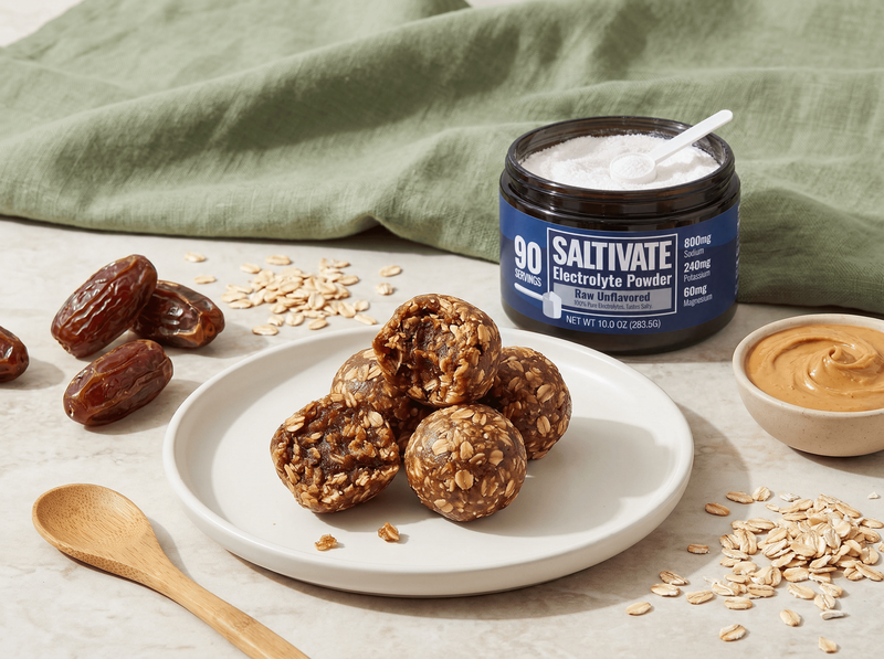 No-bake salty energy bites with dates, oats, and a jar of Saltivate Raw Unflavored