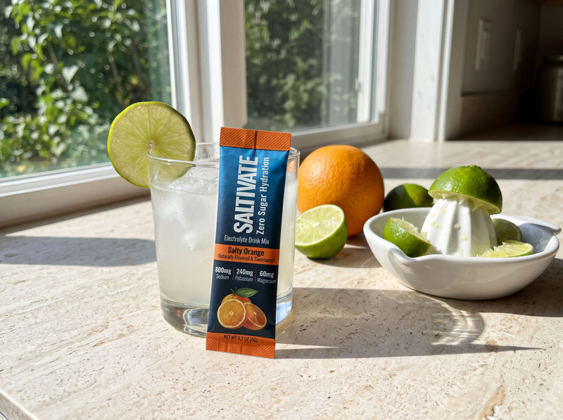 Two salty margarita mocktails with lime wheels and a Saltivate Orange stick packet