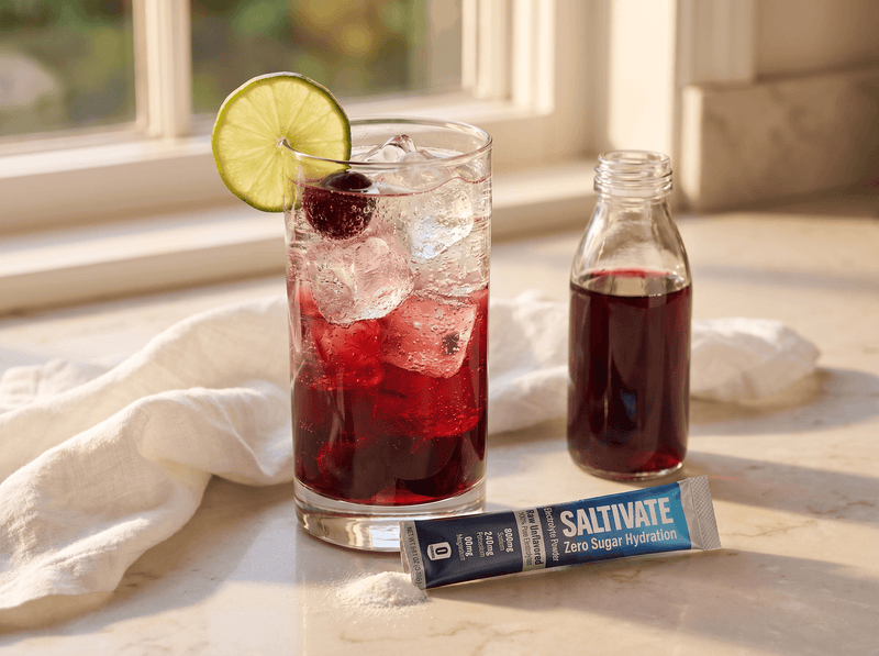 Tart cherry sleepy girl mocktail over ice with a Saltivate stick packet nearby