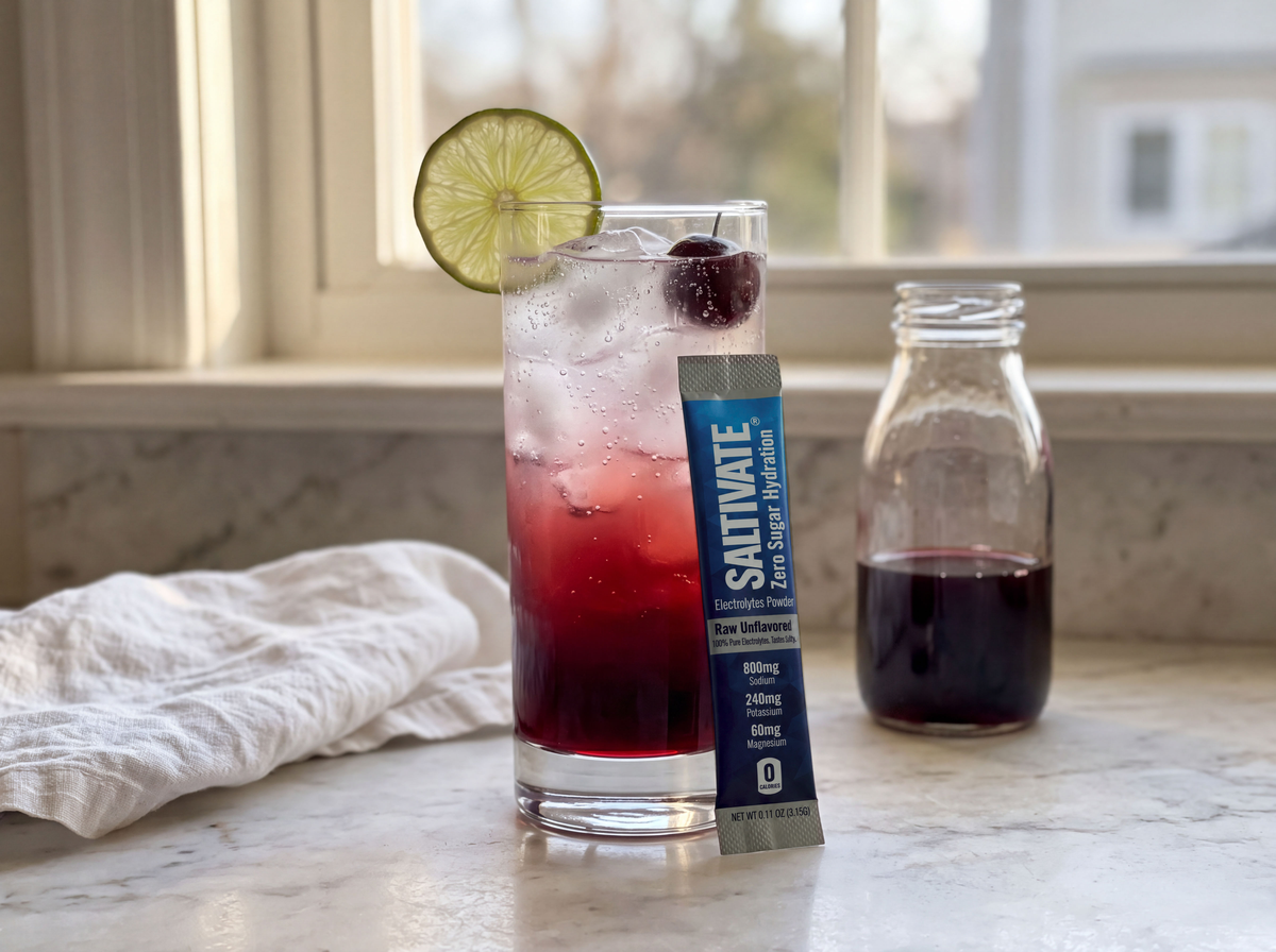 Tart cherry sleepy girl mocktail over ice with a Saltivate stick packet nearby