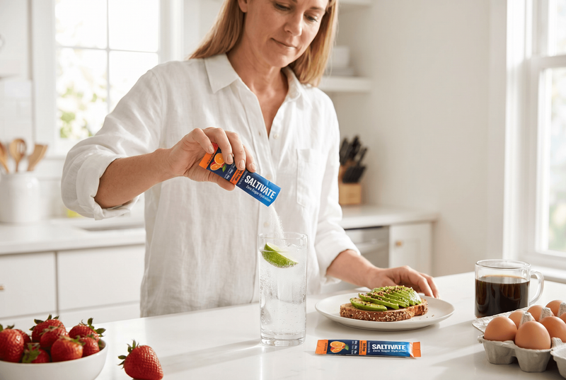 Woman mixing sugar-free Saltivate electrolytes into sparkling water