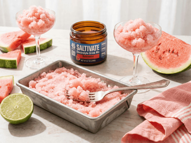 Dish of fork-scraped watermelon granita with coupe glasses and a jar of Saltivate Watermelon