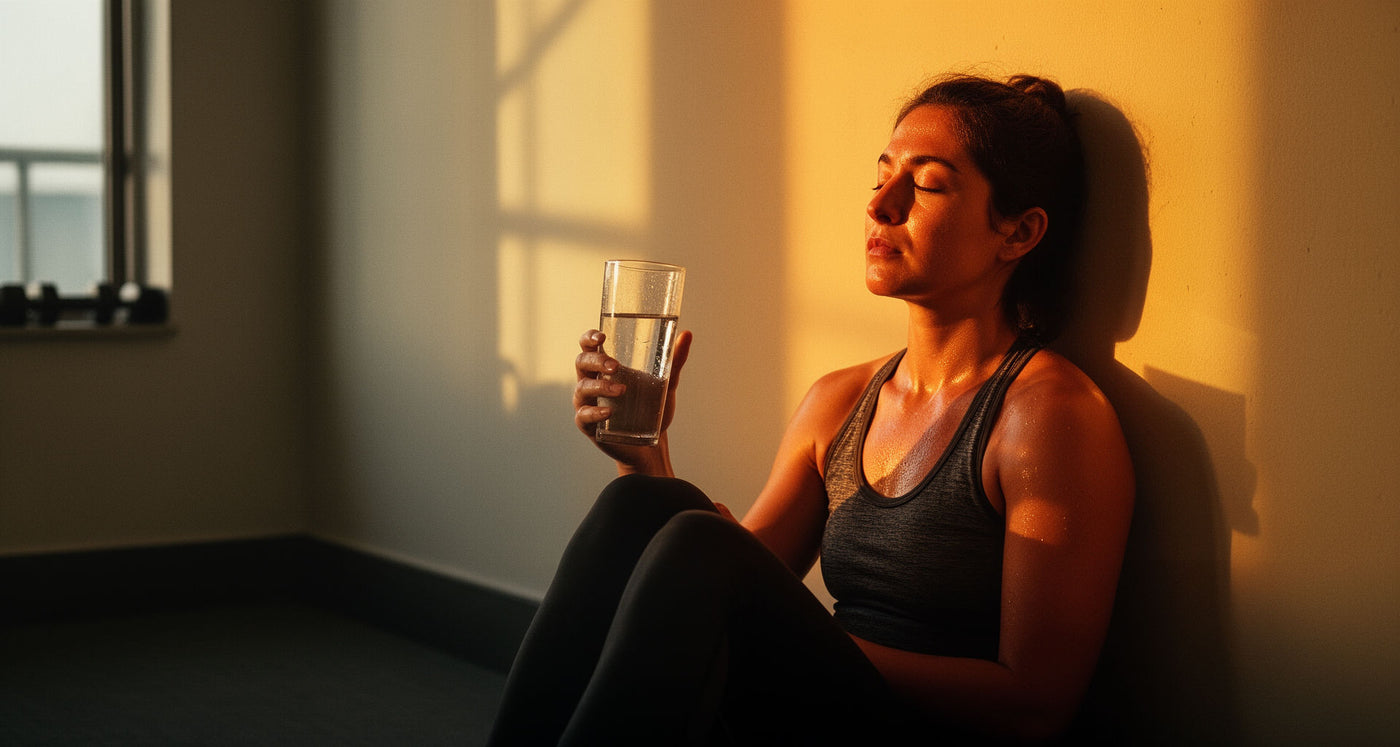Tired athlete resting with a glass of water after exercise