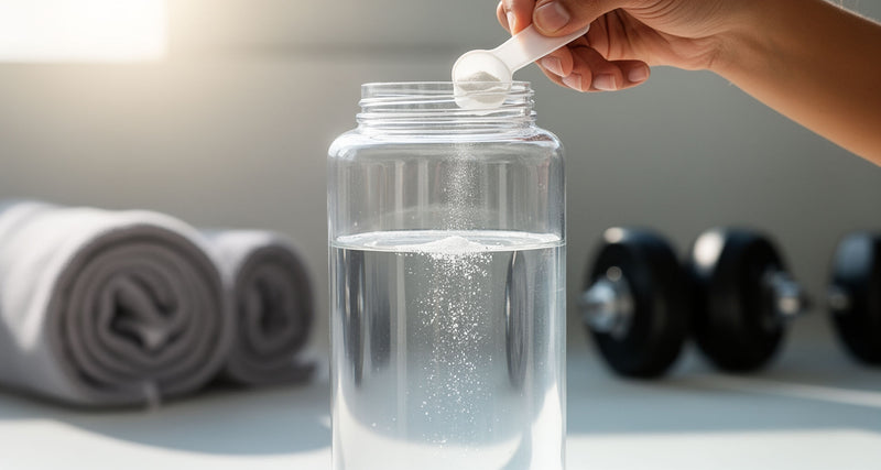 Adding a small scoop of electrolyte mix to a glass water bottle at the gym