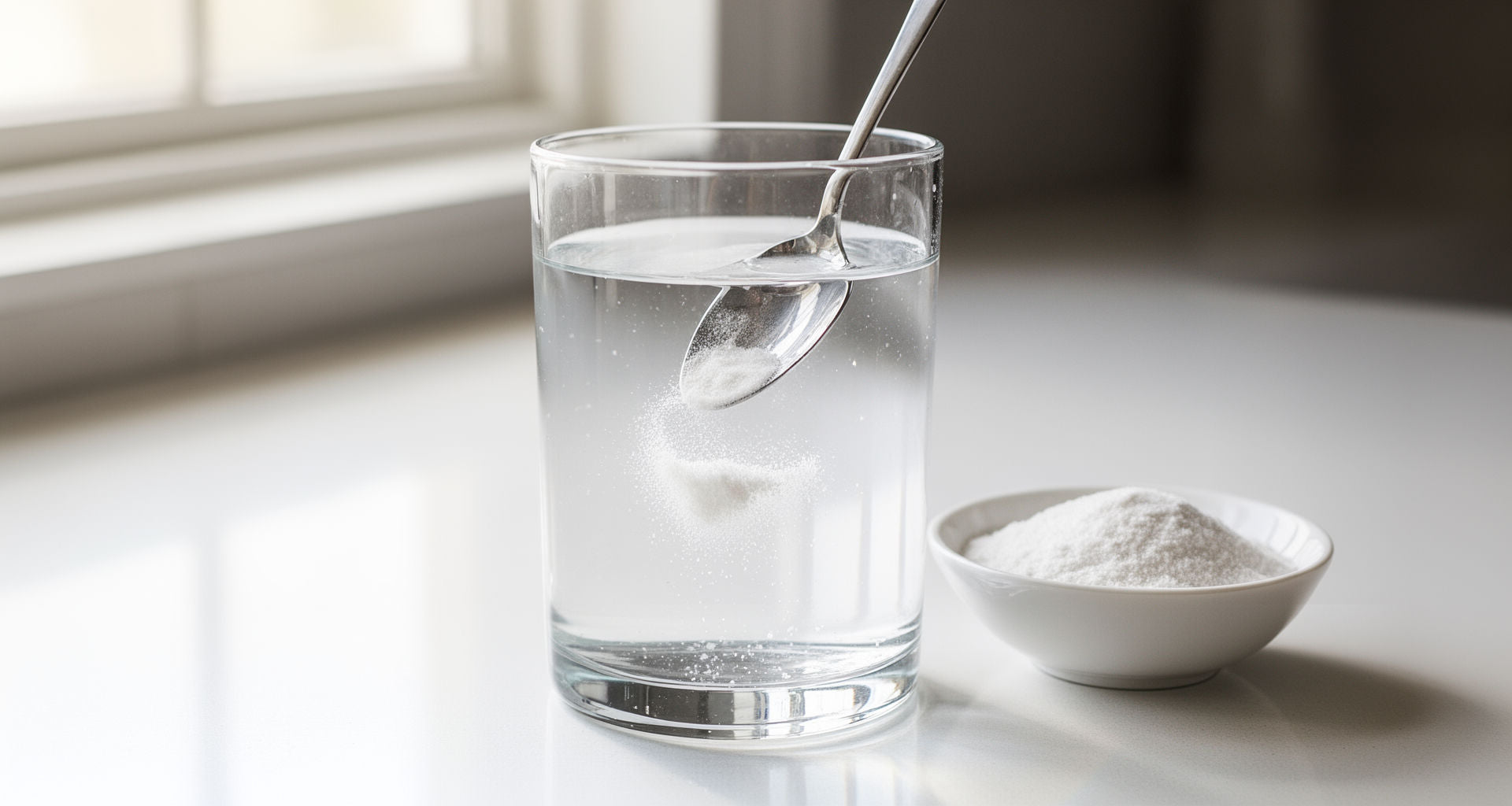 Stirring unflavored electrolyte powder into a clear glass of water