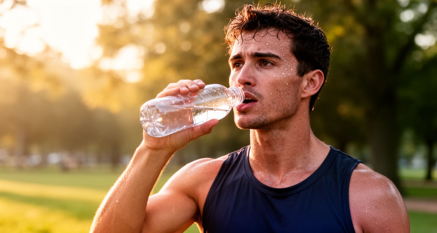 Athlete pausing mid-workout to drink water outdoors