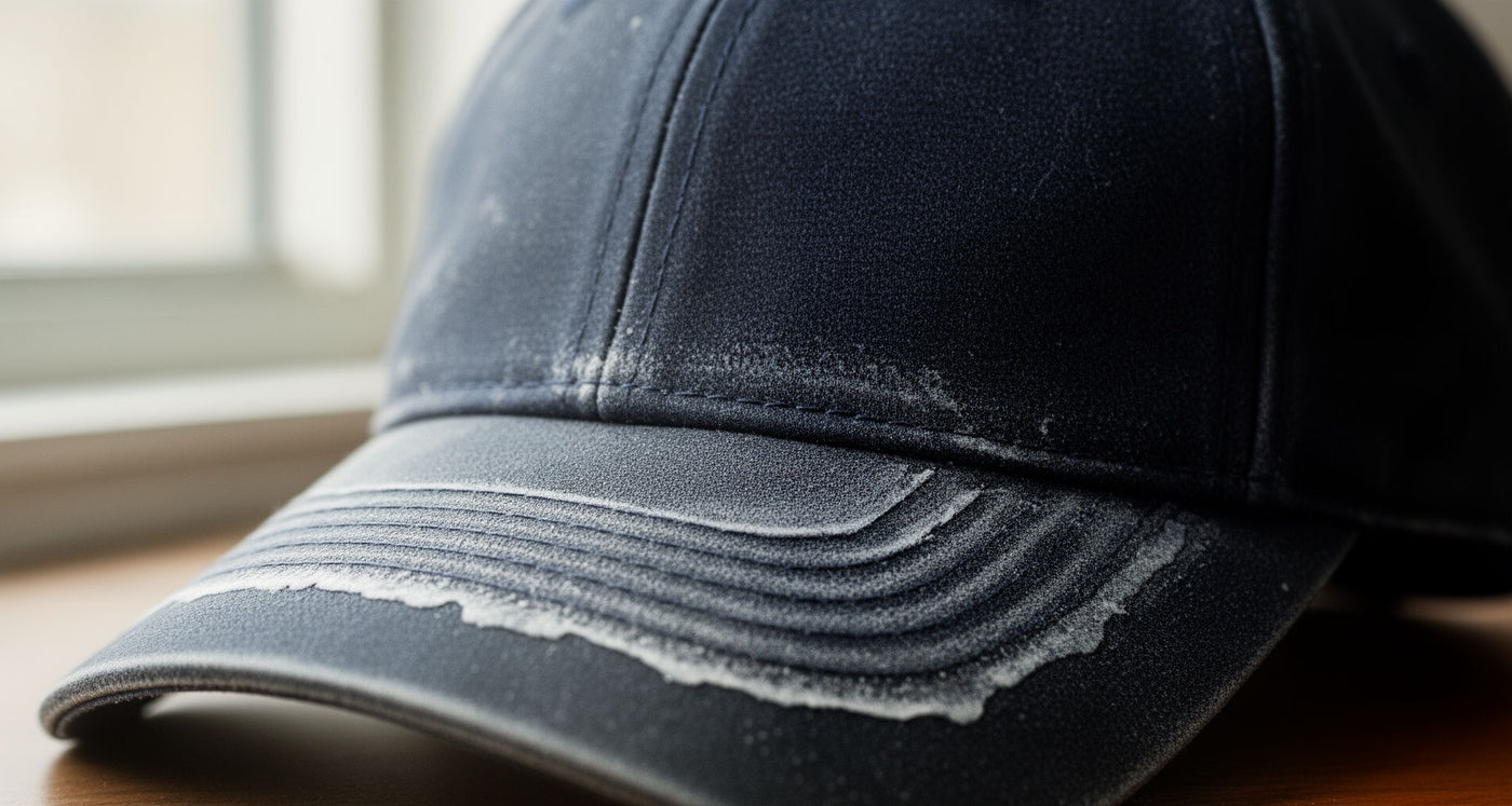 Navy athletic cap with dried sweat salt tide-lines after a workout