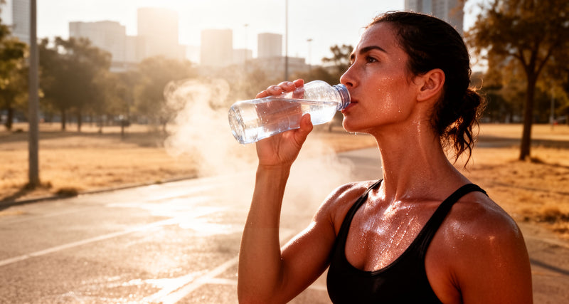 Person drinking water outdoors during an extreme heat wave, sweating in harsh sun