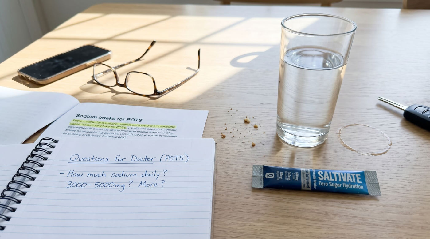 A sealed Saltivate Raw Unflavored electrolyte stick packet beside a glass of water and a notebook of questions on a kitchen table before a doctor's appointment