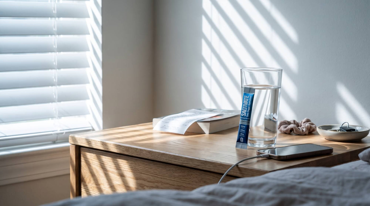 A sealed Saltivate Raw Unflavored electrolyte stick packet leaning against a glass of water on a bedside table in morning light