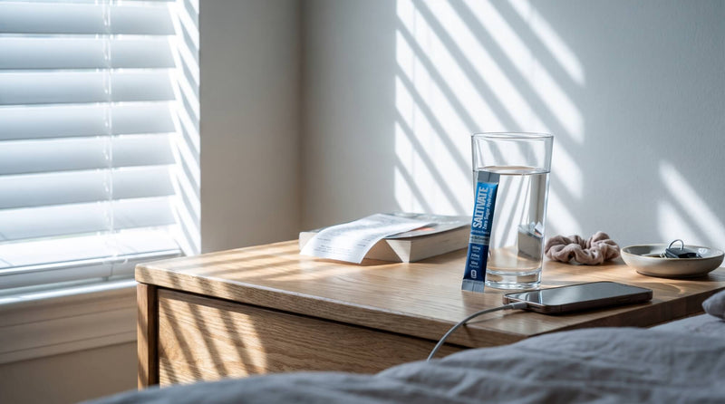 A sealed Saltivate Raw Unflavored electrolyte stick packet leaning against a glass of water on a bedside table in morning light