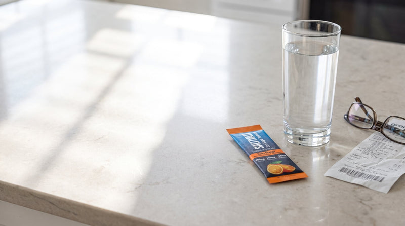 A sealed Saltivate Salty Orange electrolyte stick packet beside a glass of water and reading glasses on a kitchen counter