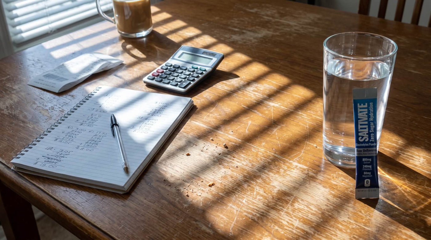 A sealed Saltivate Raw Unflavored electrolyte stick packet beside a glass of water, a notebook of cost calculations and a calculator on a kitchen table