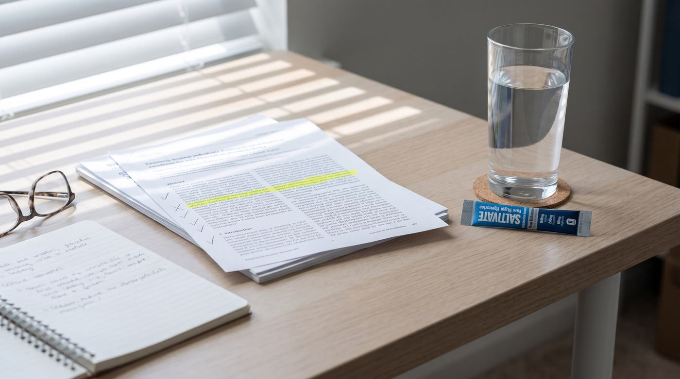 A sealed Saltivate Raw Unflavored electrolyte stick packet beside a glass of water and a stack of highlighted research pages on a home desk