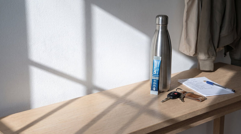 A sealed Saltivate Raw Unflavored electrolyte stick packet leaning against a water bottle on a hallway table with keys and a list before leaving for an appointment