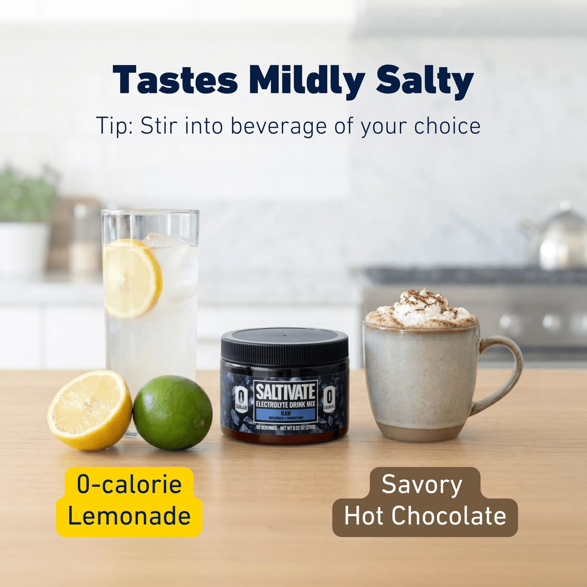 Tastes mildly salty. Stir into the beverage of your choice, like zero-calorie lemonade or savory hot chocolate.
