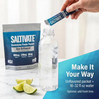 Make it your way: one unflavored packet in 16 to 32 fl oz of water, fresh lime optional.
