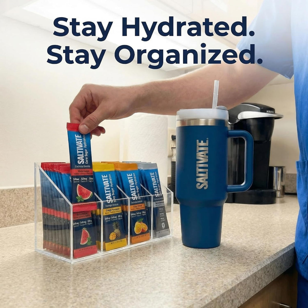 Acrylic organizer with six compartments holding electrolyte stick packets