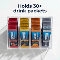 Clear acrylic organizer in a pantry with drink mixes