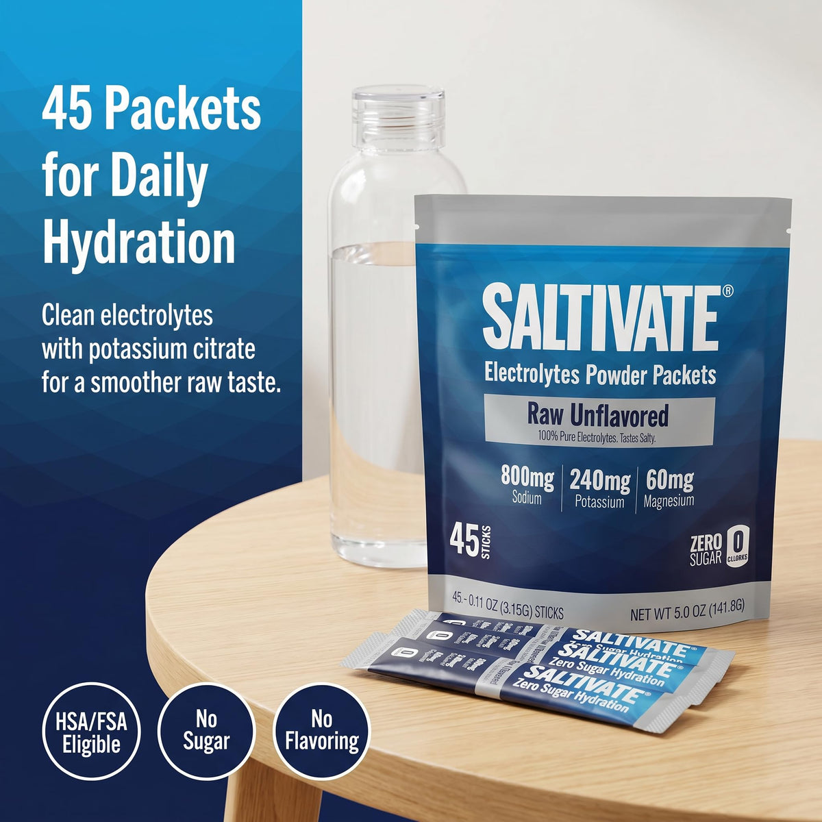 45 packets for daily hydration, made with potassium citrate for a smoother raw taste. HSA/FSA eligible, no sugar, no flavoring.